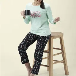 Dreamz by Pantaloons Sea Green & Navy Cotton Printed T-Shirt & Pyjama Set image 4