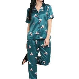 Smarty Pants Dark Green Satin Print Shirt With Pyjamas image 4