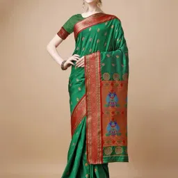 JUST FASHION Green & Red Zari Work Saree With Unstitched Blouse-picture-30