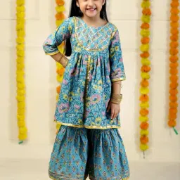 The Mom Store Girls Blue Cotton Printed Kurta with Sharara-picture-10