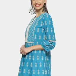 Biba Blue Cotton Embroidered A Line Short Kurti image 4