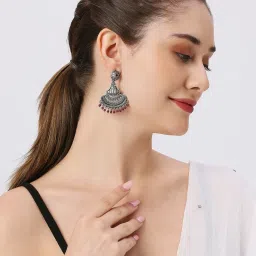 Oomph Oxidized Silver Ethnic Silver Look Alike Maroon Beads Dangler Earrings image 4