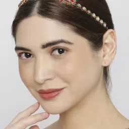 Oomph Gold Tone Green & Red Kundan & Pearls Ethnic Jadau Matha Patti image 4