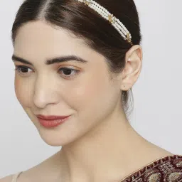 Oomph Gold Tone Multi Layer Pearls & Kundan Floral Ethnic Jadau Matha Patti image 4