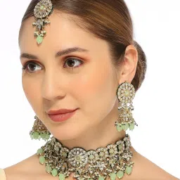 Oomph Mint Green Jadau Necklace, Earring & MaangTikka Set image 4