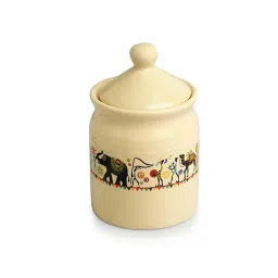 ExclusiveLane Ivory Ceramic Elephant Motif Pickle & Chutney Jar image 2