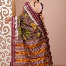 Unnati Silks Brown Silk Printed Saree With Unstitched Blouse image 2