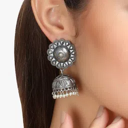 Sangria White Silver Plated Oxidised Artificial Beads Beaded Dome Shaped Jhumkas image 3