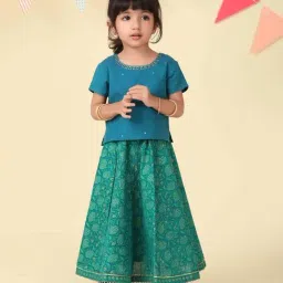 Fabindia Girls Green Cotton Printed Lehenga Set-image-41