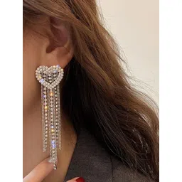 OPUS GEMS Silver-Plated Crystal Studded Tasselled Heart Shaped Drop Earrings image 3