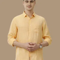 Linen Club Yellow Linen Contemporary Fit Texture Shirt-image-51