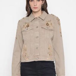 Guess Khaki Embroidered Collar Full Sleeve Jacket-picture-13