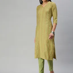 KALINI Women Olive Green Pure Cotton Kurta with Trousers image 4