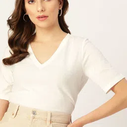 DressBerry Women White Solid V-Neck T-shirt-picture-20