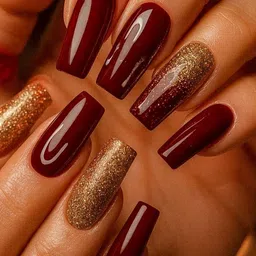 St. Moriz Set Of 24 Stick On Artificial Nails - Maroon & Golden-picture-48