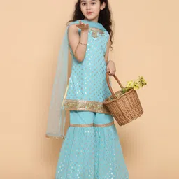 AJ Dezines Sleeveless Florl Motif Foil Printed & Embellished Kurta & Sharara Set - Ferozi Blue-image-23