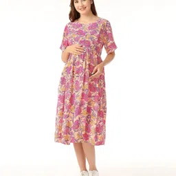 Bella Mama Soft Rayon Short Sleeves Maternity Dresses With Pocket Floral Print - Peach-image-73