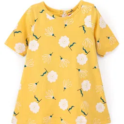 Babyhug Cotton Knit Half Sleeves Floral Printed Nighty - Yellow-picture-17
