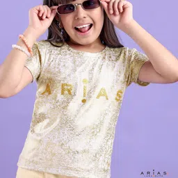 arias by lara dutta Arias Cotton Stretch Knit Single Jersey Half Sleeves T-Shirts With Placement & Foil Print - Golden-picture-20
