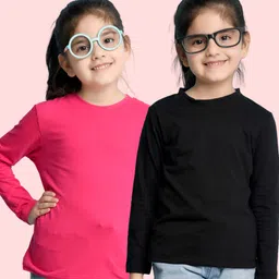 NUSYL Cotton Blend Pack Of 2 Full Sleeves Solid Tees - Black & Hot Pink-picture-11