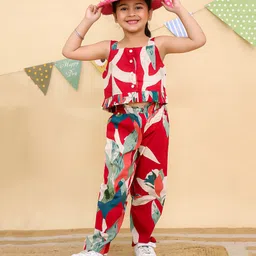AJ Dezines Pure Cotton Sleeveless Tropical Printed Top & Coordinating Pant Set - Red-picture-10