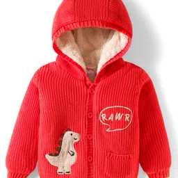 Babyhug Knit Full Sleeves Front Open Hooded Sweater with Dino Embroidery - Red-picture-10