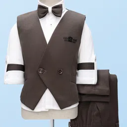 Rikidoos Full Sleeves Textured 3 Piece Party Suit Set With Bow Set - Coffee & White-picture-28