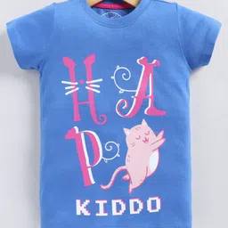 Parrot Crow Cotton Knit Short Sleeves Cat & Typography Printed Tee - Royal Blue-picture-12
