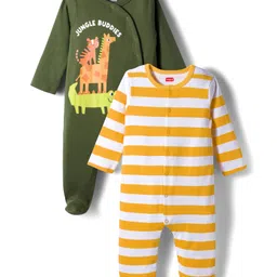 Babyhug Cotton Knit Full Sleeves Footed Sleepsuits With Stripes & Animal Print Pack Of 2 - Yellow & Green-picture-33