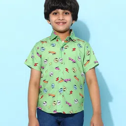 Tales & Stories Rayon Woven Half Sleeves Skateboard & Dogs Printed Shirt - Light Green-picture-10