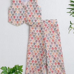 The Magic Wand Woven Sleeveless Peacock Feathers Printed Top With Pocket Detailed Coordinating Palazzo Set - Multi Colour-picture-37