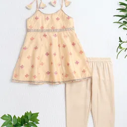 The Magic Wand Woven Sleeveless Thread Work Embroidered & Sequins Embellished Kurti & Pant Set - Yellow-picture-34