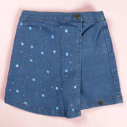 Kiddopanti Denim Woven Floral Designed Sequins Embellished Skort - Blue-picture-25