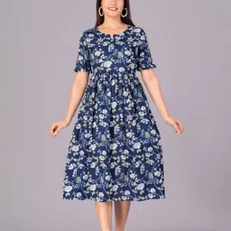 Asifarheen Women Pure Cotton Floral Printed Fit and Flare Midi Dress-picture-41