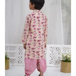 Little Bansi Cotton Woven Full Sleeves Floral Printed Kurta With Coordinating Dhoti Set - Peach image 3