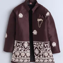 Fourfolds Woven Full Sleeves Abstract Embroidered Sherwani With Pant & Jacket Set - Wine image 3