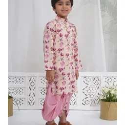 Little Bansi Cotton Woven Full Sleeves Floral Printed Kurta With Coordinating Dhoti Set - Peach image 4