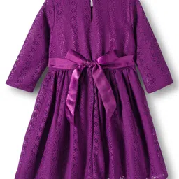 Hola Bonita Woven Three Fourth Sleeves Solid Color Dress with Belt & Bow Applique - Purple image 3