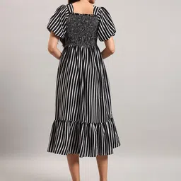 Femvy Striped Puff Sleeve Crepe A-Line Midi Dress image 4