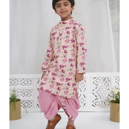 Little Bansi Cotton Woven Full Sleeves Floral Printed Kurta With Coordinating Dhoti Set - Peach image 5