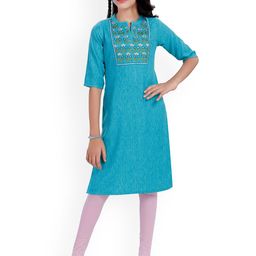 MASTARANG Girls Floral Embroidered Notch-Neck Pure Cotton Kurti With Leggings-picture-5