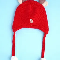 Little Surprise Box Woollen Blend Reindeer Designed Tie Up Detailed Knitted Cap - Red image 5