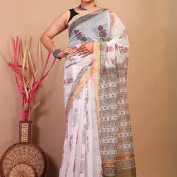 ANUTTARA Women Floral Printed Zari Kota Saree with Blouse-image-53