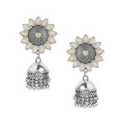 Rubans Silver-Plated & Off-White Handcrafted Dome Shaped Jhumkas image 2