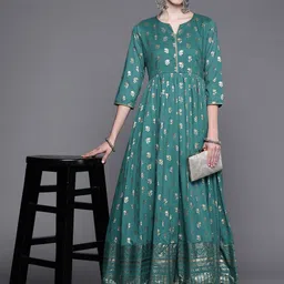 Biba Teal Blue & Golden Ethnic Motifs Ethnic A-Line Maxi Dress image 5