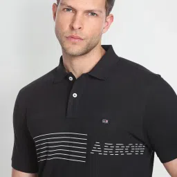 Arrow Sport Black Cotton Regular Fit Striped Polo T-Shirt image 4