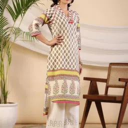 Juniper Women Beige Ethnic Motif Print High Low Cotton Kurta With Kaudis Tassels & Contract Piping image 4