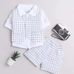 Bumzee Kids White & Grey Cotton Chequered Full Sleeves Shirt Set-image-51