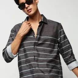 showoffff SHOWOFF Olive Slim Fit Striped Shirt image 4