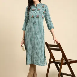 showoffff SHOWOFF Teal & White Cotton Embroidered Kurta image 4